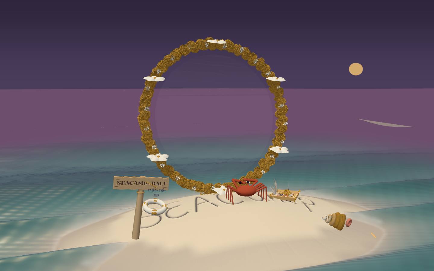 A marigold garland framing Tanah Lot at sunset, with the six SEACamp destinations named on floating petals.